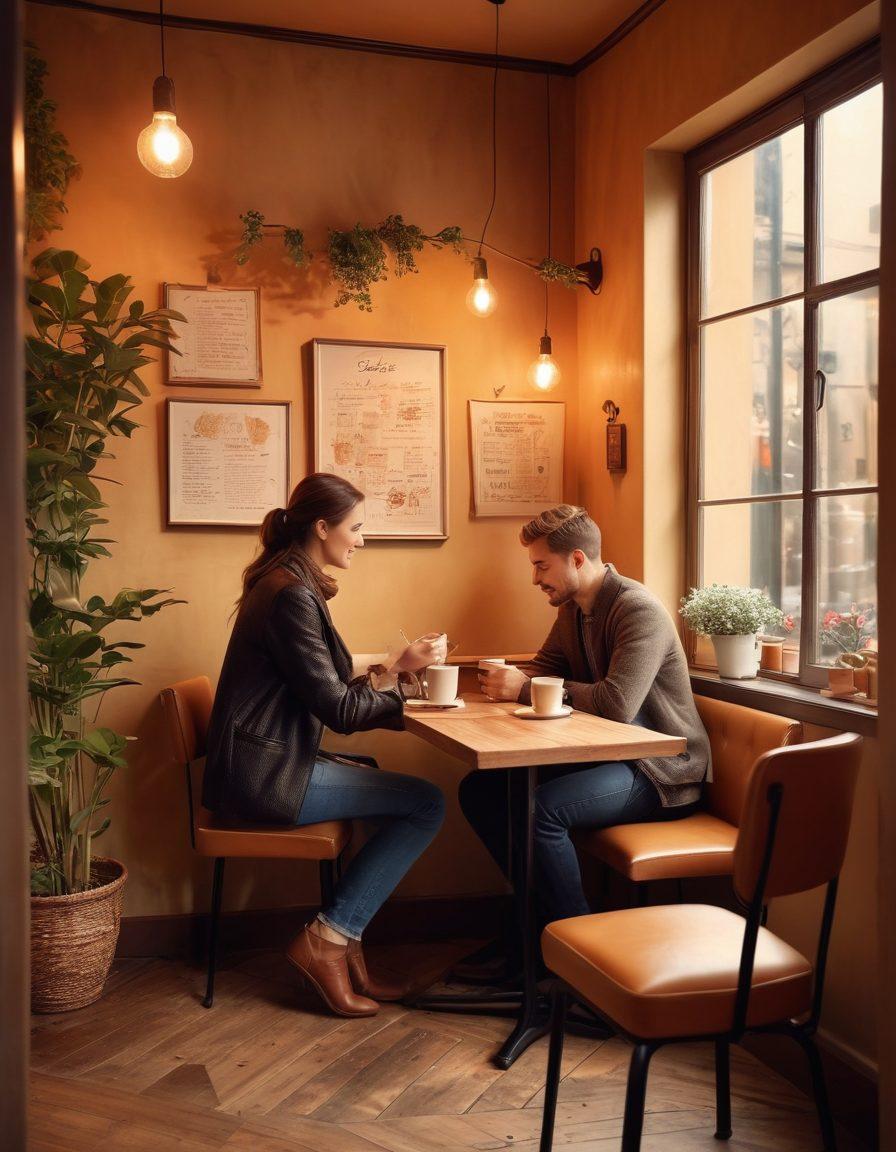 A romantic scene depicting a couple engaging in deep conversation over coffee in a cozy café, surrounded by soft lighting and charming decor. The atmosphere should exude warmth and intimacy, highlighting their connection through body language and eye contact. Include subtle elements like a notebook with 'Dating Secrets' written on it and a heart-shaped latte art to symbolize love. artistic style, vibrant colors, soft focus.
