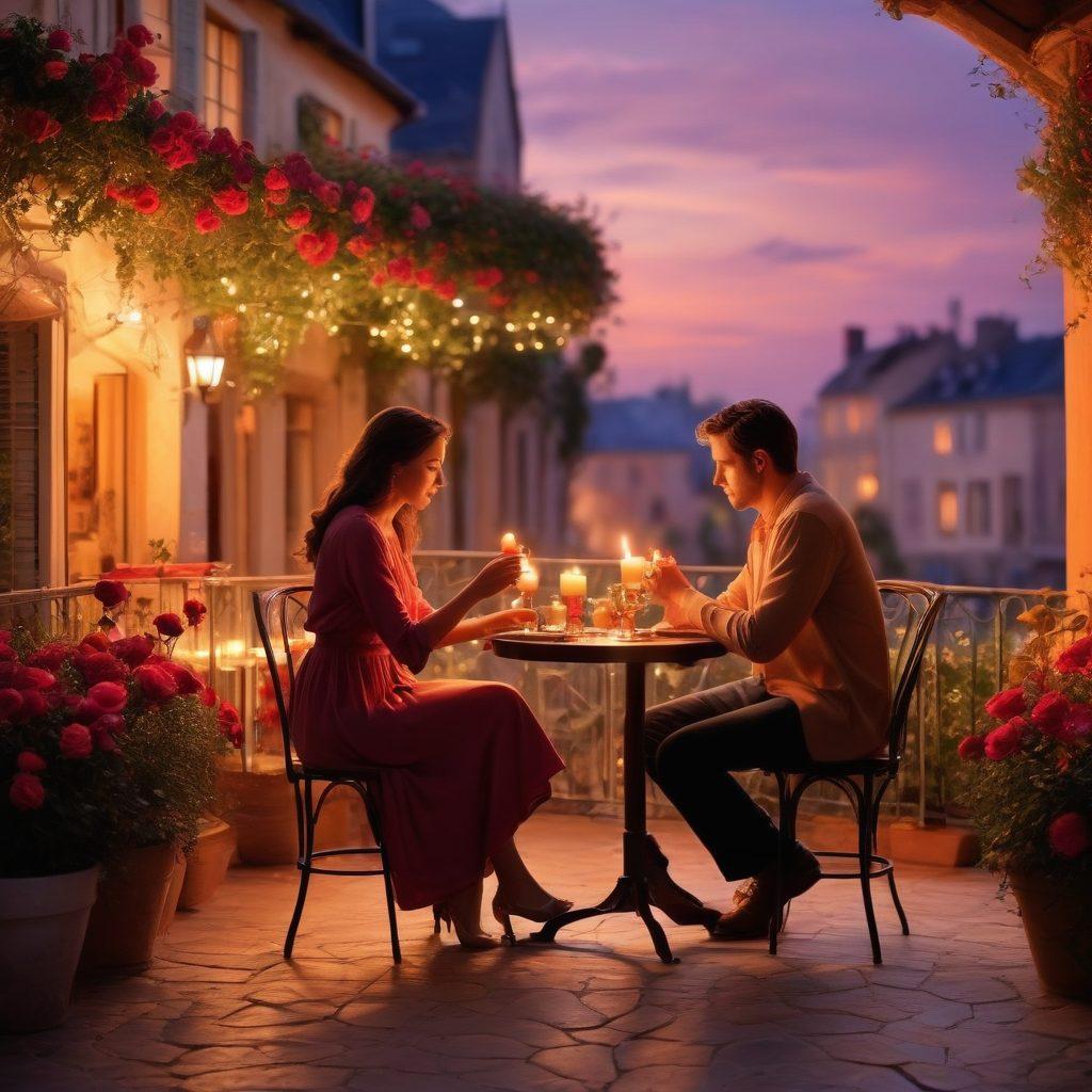 A romantic scene unfolds under a twilight sky, featuring a couple sharing an intimate moment by a softly lit café table adorned with roses and candles. The background displays silhouettes of a quaint cityscape, setting a whimsical and timeless atmosphere. Highlight subtle gestures like holding hands and exchanging glances, conveying deep connection and affection. Use rich, warm colors to evoke passion and longing. soft-focus. vibrant colors.